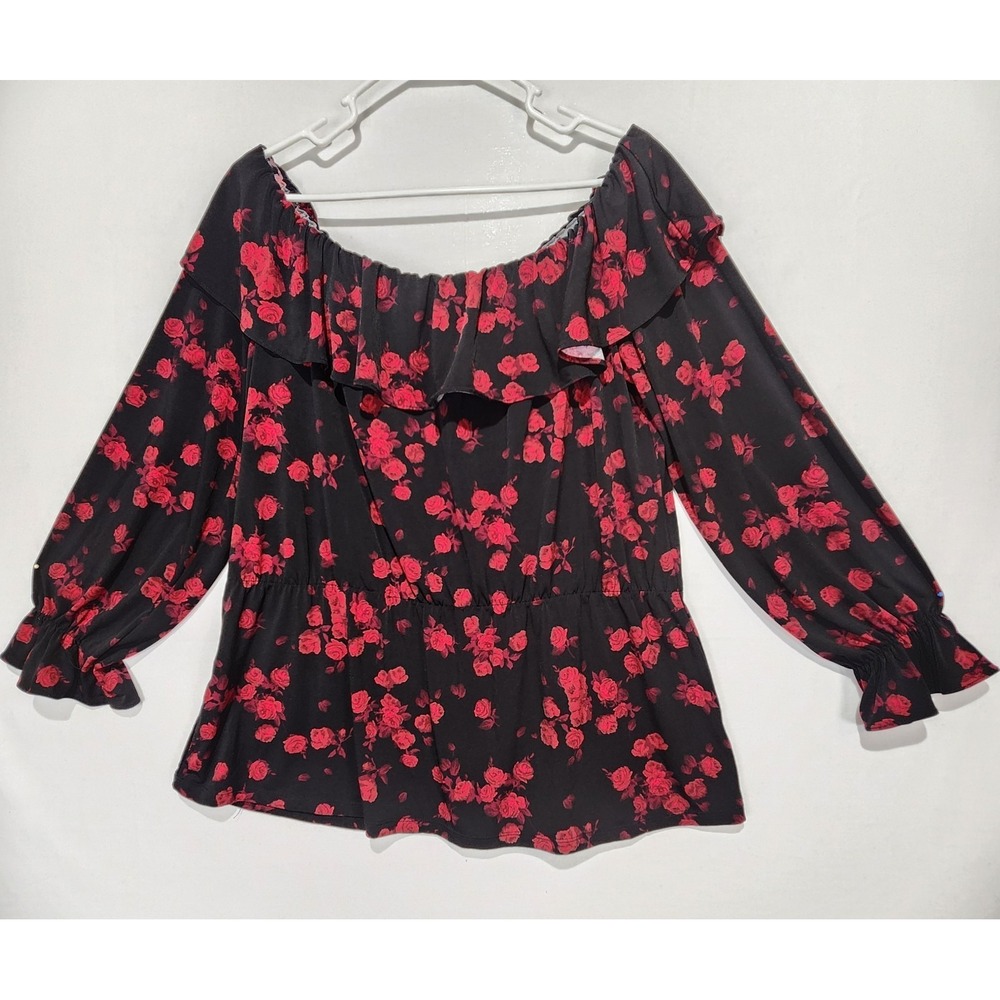 Michael Kors Women's Coquette Floral Off Shoulder Blouse Red/Black Size XL